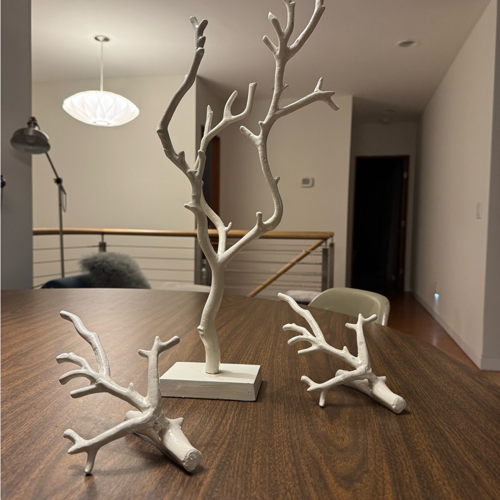 White enameled metal Tree Branch jewelry tree Set wall hooks